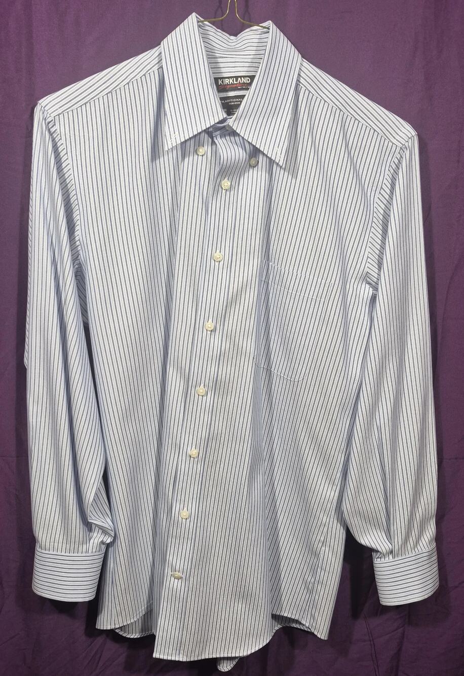 Kirkland Signature Mens Blue Striped Traditional Fit Non-Iron Dress Shirt 15 32